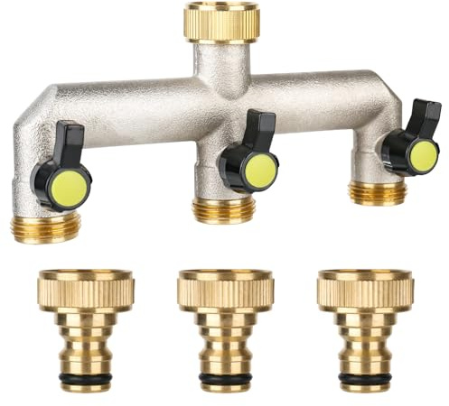 RUCUDIM Distribuidor de agua de 3 vías, grifo de 3/4 de pulgada, adaptador de manguera de agua de 3 distribuidores, fabricado en latón, adaptador de 3/4 1/2 con válvula de bola para ajustar y