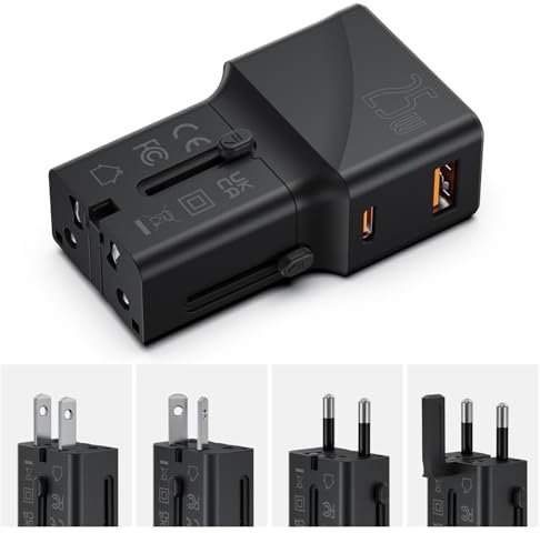 SooPii Gan Charger 25W, adattatore da viaggio universale, USB-C PD PPS e USB-A QC, caricabatterie da viaggio all-in-one con spina US UK EU AU per iPhone 16/15, Galaxy S25/S24, iPad e altro ancora
