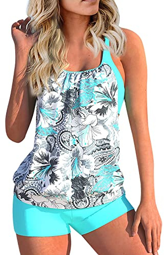 Tankini Maillot De Bain Femme 2 Pieces Taille Haute Tankini Shorty Sexy Ensemble Maillot De Bain Grande Taille Amincissant avec Armature Bikini Ete Marque Pas Cher Beachwear(Bleu Clair,XL)