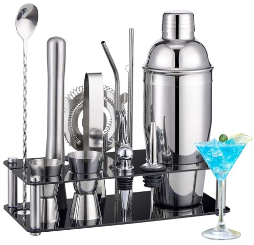 Juego de coctelera para camarero: kit de camarero de acero inoxidable de 15 piezas con barras de soporte acrílicas con todos los accesorios prácticos de barras, herramientas de bar para mezclar