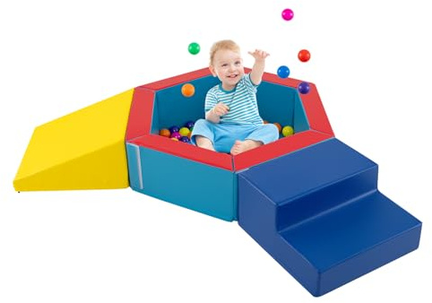 DREAMADE Bällebad Baby, 3 TLG. Softbausteine Set mit 100 bunten Bällen, Indoor Kletterblöcke mit Kunstlederbezug & Klettverschlüssen, Spielplatz aus Schaumstoff für Kinder ab 1 Jahr