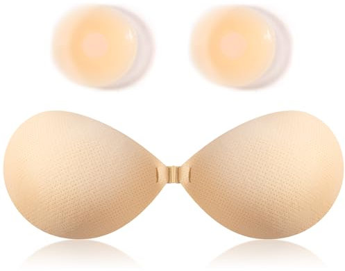 woleeup Sticky Bra Push Up Bras for Women - Silicone Stick on Bras, Invisible Adhesive Bra Reusable Backless Strapless Bras for Wedding Party Dress (UK, Cup & Band, A, Beige)