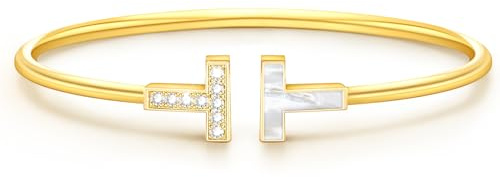 VIVILE Edles Zirkon Schale Armreif Gold,Edelstahl Armband Damen,Buchstabe T Sterling Silber 925 Armbänder,Dupes,Ideal Geschenk für Frauen，Mode Schmuck