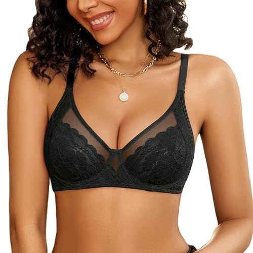 Avidlove Sexy Damen Spitzen BH Bügel Bra T-Shirts V-Ausschnitt Bralette Ungepolsterte BHS Unter der Kleidung Tägliche BH-Unterwäsche Schwarz M