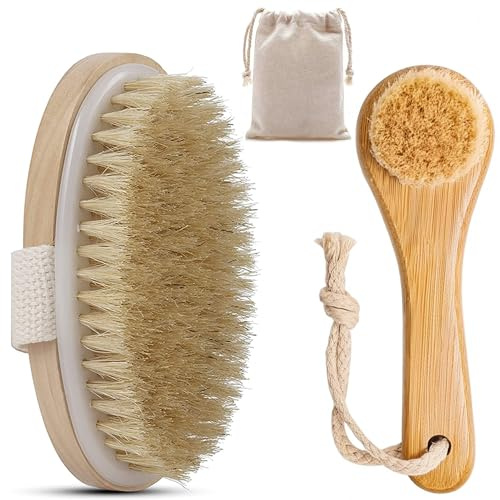 Set di 2 spazzole per il massaggio a secco del corpo e del viso in setole naturali e legno MADE IN ITALY - Spazzolatura a secco Dry Brushing Brush Anticellulite e pulizia pelle morta - Con Sacchetto