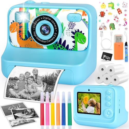 TEBOKHAD Appareil Photo Instantané Enfant,1080p Appareil Photo Numérique Enfant avec Papier d'impression, Carte de 32GB, 2.4 Pouces Appareil Photo Enfants, Cadeau pour Filles Garçons De 3-12 Ans