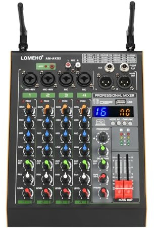 SHEHUALI Mesa de Mezclas de Audio, Consola de Mezclas de 4 Canales, Mezclador de Sonido Bluetooth de 16 Efectos con 2 micrófonos inalámbricos de frecuencia Ajustable Am-AKS2