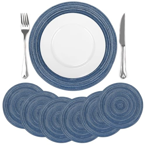 comfoyar Tischsets Rund Geflochten 6er Set, rutschfeste Baumwolle Gewebte Platzsets, Abwaschbar Hitzebeständige Platzdeckchen für Innen, Küche, Fest, Hochzeit, Esszimmer Dekoration (Blau, 38cm)