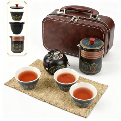 Japanisches Teekanne Set,Tragbar Japanisches Teeservice,Chinesische Teekanne Kit aus Keramik,1 Teekanne (250ml/8.5oz) + 1 Teekanister (180ml/6oz) + 4 Teetassen (46ml/1.6oz),Travel Porcelain Tee-Set