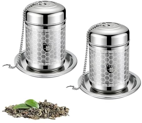 Fortspang 2-pack tefilter i rostfritt stål för löst te – med underlägg och kedja, 304 tesil i rostfritt stål för koppar & tekannor, återanvändbar tehållare kryddor för tekannor