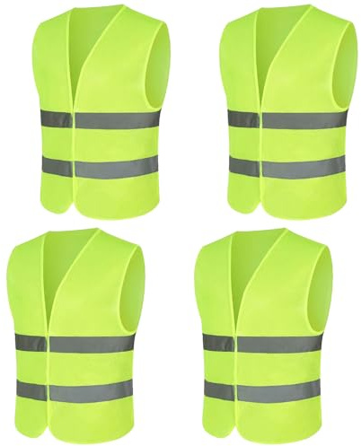 Lot de 4 Gilet Reflechissant | Gilet Fluo avec de Bandes Réfléchissantes | Gilet Haute Visibilité pour Voiture, Construction | Vert Fluorescent