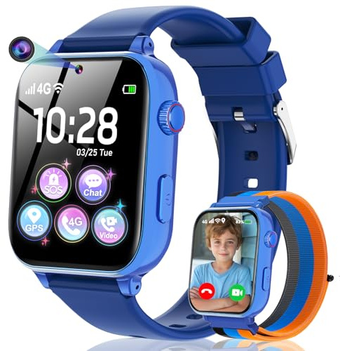 4G Montre Connectée Enfant, Smartwatch pour Filles Garçons avec GPS et Téléphone, Appel Vidéo, Chat, SOS, Jeux, Mode Classe, Podomètre, Réveil, Montre Intelligente Enfants pour 4-12 Ans Cadeau, Bleu