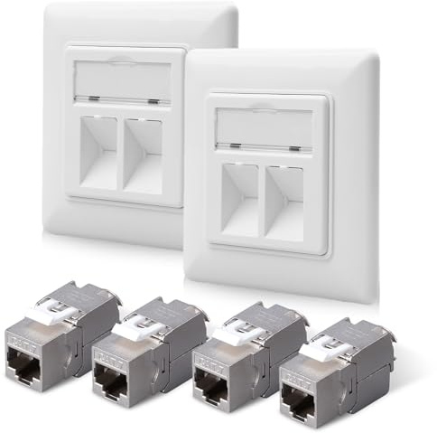 BAIFULAI Lot de 2 prises réseau encastrées CAT 7 et 4 modules CAT 7 RJ45, prise réseau CAT7, CAT 7 en saillie, prise Ethernet LAN 10 Gbit/s, blanc, 80 x 80 mm