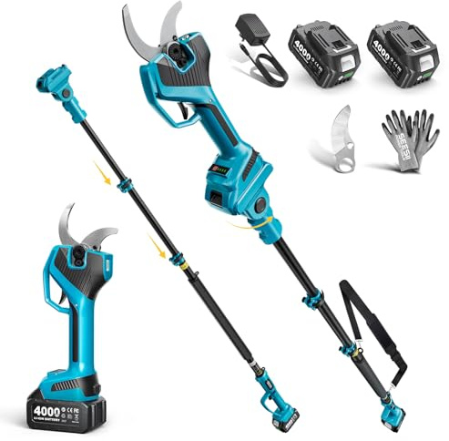 SEESII Batteridriven grensax teleskop – 4,5 m total räckvidd, 55 mm snitt, elektrisk trädgårdssax med LED-arbetsljus, 2 × 4 000 mAh batterier, SK5-blad, 2-i-1 för träd-, busk- och häckvård