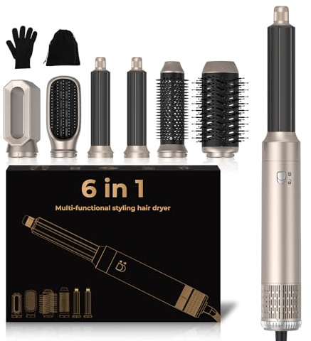 Airstyler 6-i-1 hårstyling med luftlocktänger, varmluftsborste, hårtork, rund hårtork, hårstyling, multistyler, 1000W hårtork, hårstylingborstar, platinaguld