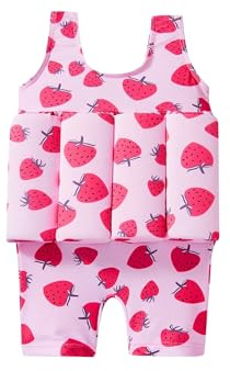IDOPIP Toddler Floatation Swimsuit for Baby Boy Girl Float Suit with Buoyancy Floating Swimwear Bathing Suit Kids Toddler Float Swim Vest with 8 Removable Buoyancy Stick ﻿ Pink Strawberry 9-12 Months