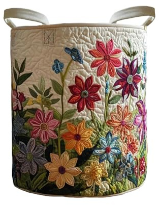 Boho-Wäschekorb mit Steppung, Aufbewahrungskorb aus Stoff mit Blumenmuster für Schlafzimmer, Waschküche