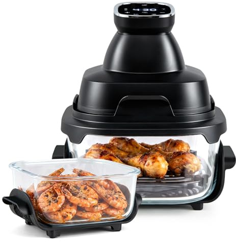 LIFEZEAL Friggitrice ad Aria 4L, 1500 W, 6 programmi, Friggitrice Aria con 2 Contenitori Vetro Rimovibili, Timer, Accessori Lavabili in Lavastoviglie, Portatile per Cucina Casa, Camping (Nero)