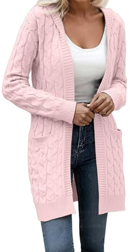 Generisch Cardigan long à capuche pour femme - Manches longues - Avec poches - Grosse maille - Ouvert sur le devant - Pour l'automne et l'hiver - Style décontracté - Couleur unie - Veste demi-saison