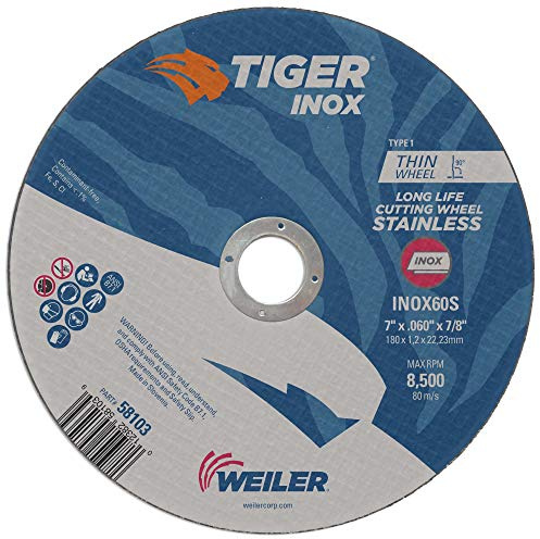 Weiler 58103 7 Inch Cutting Wheel, Tiger Inox Stainless Steel Contaminant-free High Performance Cutting, .060 INOX60S Type 1 7/8 Arbor, Pack of 25