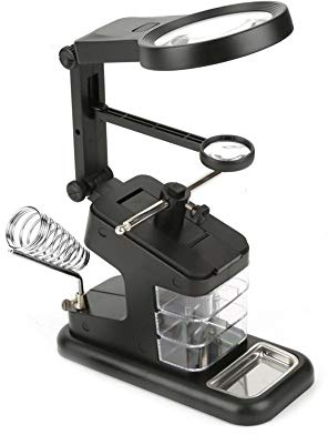 Löthilfe Desktop Lupe mit LED Licht, Multifunktionale 3X/4.5X/25X Schweißen Desktop Lupe mit Klemme, Lötkolbenhalter und Krokodilklemmen(Schwarz)