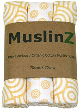 MuslinZ 3PK Bamboo/Organic Cotton Muslin Squares, Burp Cloths 70 x 70cm (Gold Swirl)