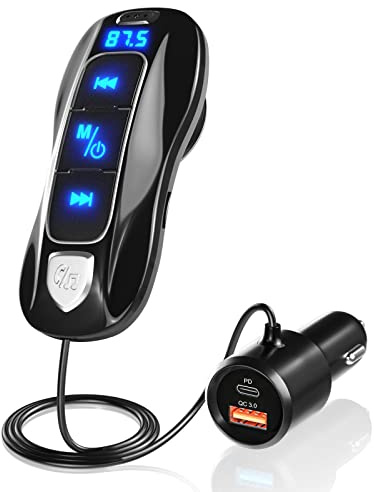 Bluetooth 5.0 FM Transmitter, SONRU Bluetooth Auto Radio Adpter Freisprecheinrichtung Dual USB Ports (QC3.0/2.4A) mit 1.1M Kabel, A2DP Crystal Sound Qualität, Spannungsanzeige, TF Karte Play