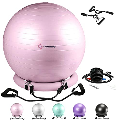 NEUMEE Yoga Ball Chair with 65cm Exercise Ball & 2 Resistance Bands, Stability Base for Home Office, Yoga, Pilates & Fitness, Balance Ball for Posture, Core Strength & Low Impact Workouts (Pink)