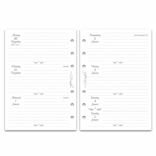 SinnWunder® Premium Kalendereinlagen 2025 - Wochen-Kalender mit 1 Woche auf 2 Seiten – Größe Din A6 – 6-fach-Lochung – 3 Designs zur Auswahl