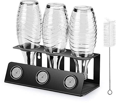 vinlley Flaschenhalter für Sodastream 3er Abtropfhalter mit Herausnehmbare Abtropfwanne und Deckelhalter, Abtropfständer für Sodastream, Crystal und Emil Flaschen, Schwarz