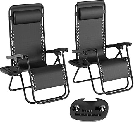 Lavish Home Set of 2 Zero-Gravity Chairs - Folding Patio Furniture - Outdoor Recliners with Side Table, Cup/Phone Holder, and Chair Pillow (Black)