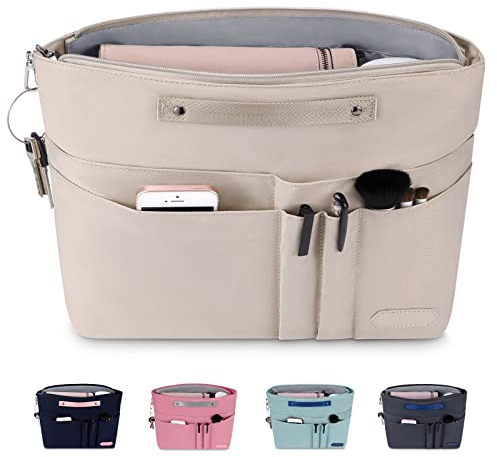 HyFanStr Handtaschen Organizer mit Reißverschlusstasche, Wasserdichter Polyester Tasche in Tasche in Tasche Organizer taschenorganizer, Innentaschen für Handtaschen Beige (M)