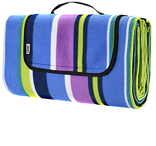 DETEX® Picknickdecke Campingdecke XXL 200x200 cm Wasserdicht Wärmeisoliert Waschbar Fleece Faltbar für 4-6 Personen Garten Stranddecke Streifen