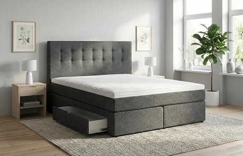 Tesla Dreams Boxspringbett 160x200 Ankona - Schublade, 7 Zonen-Taschenfederkern-Matratzen, H2/H3, Topper 10 cm Höhe MemoLUX, Anthrazit