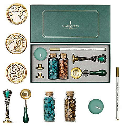 Holzsammlung Wachssiegel Stempel Kit, mit Siegelstempel+Siegellack Perlen Schmelzlöffel+Malstift, für Einladungen Hochzei Weinverpackungen Geschenkverpackungen und Grußkarten