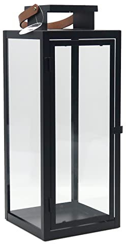 Dekovita 42cm Laterne in Schwarz - Gartenlaterne mit Glas-Scheiben und Kunstleder-Henkel - Metall Deko-Laterne Windlicht
