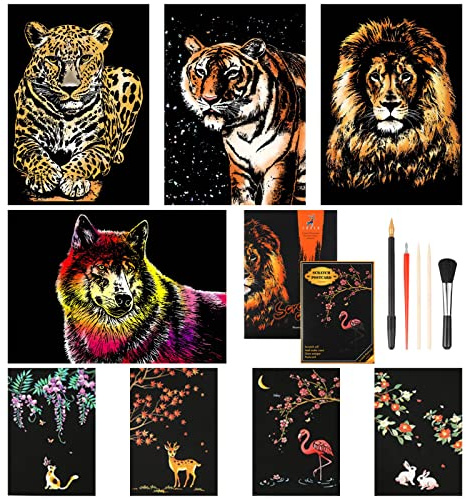 AKlamater 8pcs Scratch Art Paper Animals Rainbow Painting Sketch Art Craft Scratch Scratchboard for Adult and Kids with 5 Tools (A4/A5 Size)