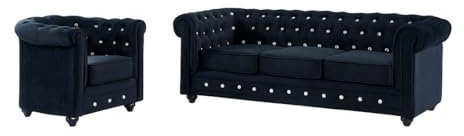 Vente-unique - Canapé 3 Places et Fauteuil Chesterfield - Velours Noir et Boutons Effet Cristal