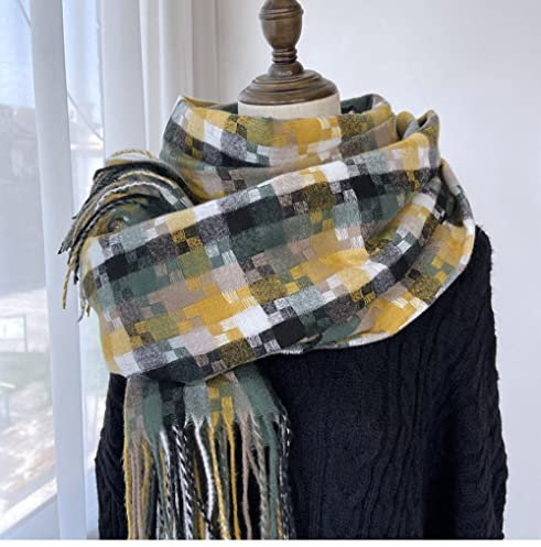 HGJH Schal,Winterschals, Gelb, Grün, Weich, Warm, Dicke Decke, Retro-Farbstreifen, Quastenschal, Lang, Groß, Winterschal, Trendige Stola-Schals Für Frauen Und Mädchen