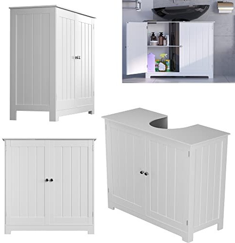 ANSIMIDA Armadietto da bagno sotto il lavandino, autoportante in legno, mobile impermeabile in MDF, mobiletto da bagno con ripiano regolabile