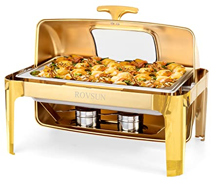 ROVSUN 9QT Roll-Top-Chafing Dish Buffet-Set, rechteckig, Edelstahl, Buffetwärmer und Buffetwärmer Sets mit dickem Rahmen für Catering, Veranstaltungen, Partys, Hochzeiten, Abendessen, Gold
