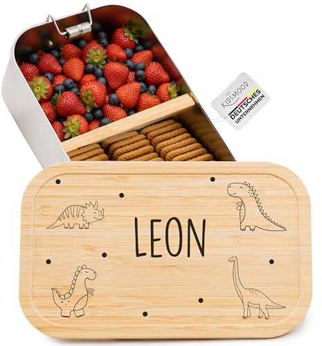 Kidsmood - Brotdose personalisiert mit Namen – Edelstahl Lunchbox mit Fächern für Kindergarten, Schule & Büro mit coolem Dinosaurier – Geschenk zur Einschulung für Kinder & Jungen (750ml)