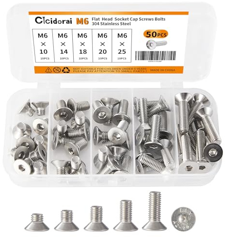 Cicidorai M6 x 10mm 14mm 18mm 20mm 25mm Flat Head Hex Socket Cap Screws Countersunk Bolts, 304 Stainless Steel, Metric Allen Hex Drive, Fully Threaded, Bright Finish, Assortment Kit 50PCS