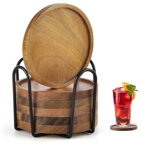 6er Set Untersetzer Holz Rund für Gläser,Untersetzer aus Akazienholz mit Halter Glasuntersetzer für Getränke, Bar, Tassen, Glas 10cm