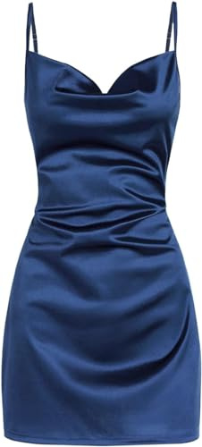 LJYAUTO Women's Sexy Satin Spaghetti Strap Mini Dress Slip Cowl Neck Creased Dresses Cocktail Club Party Cami Dress (S,Dark blue)