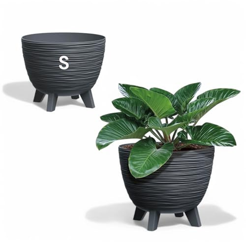 MELTOM Blumentopf mit Füßen aus Kunststoff Schale Rund Kräutertopf 3D Rillen (Anthrazit, S-24cm)