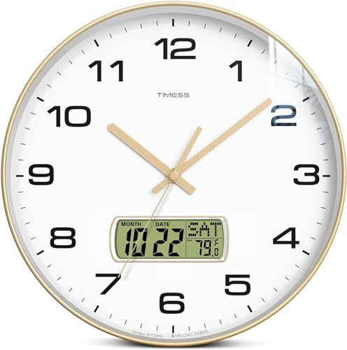 TIMESS Wall Clock, 13 Dial Non-Ticking Silent Battery Operated Analog with LCD Display for Perpetual Calendar and F° Temperature, Ideal Modern Home, Bedroom, Kitchen, Office Decor (Gold)