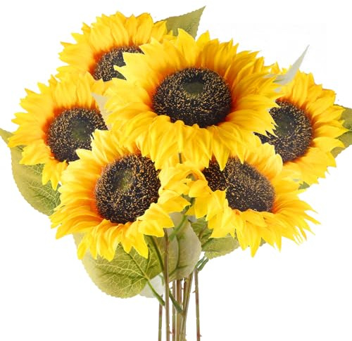 AUMAYCO Künstliche Sonnenblumen, 6 Stück, 19,7 Zoll Künstliche Langer Stiel Seide Sonnenblumen, Realistische Blumenarrangements für Vasen, Innen- und Außendekoration, Hochzeiten, Groß, Gelb.