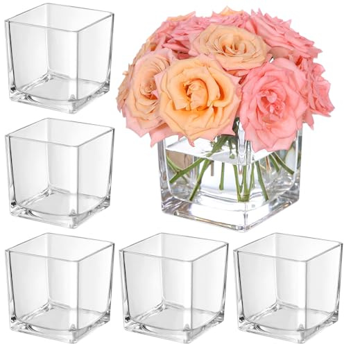 KEYWING 6 Pack Square Glass Vase 5 x 5 x 5, Clear Flower Vases for Centerpieces, Square Flower Vase Candle Holder for Wedding, Party, Home Office Decoration