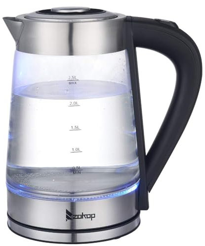 2000W Electric Glass Kettle with LED Lighting, Automatic Shut-off, 2 L Water Boiler for Tea Coffee Milk, Boil-Dry & Overheat Protection, UK Plug